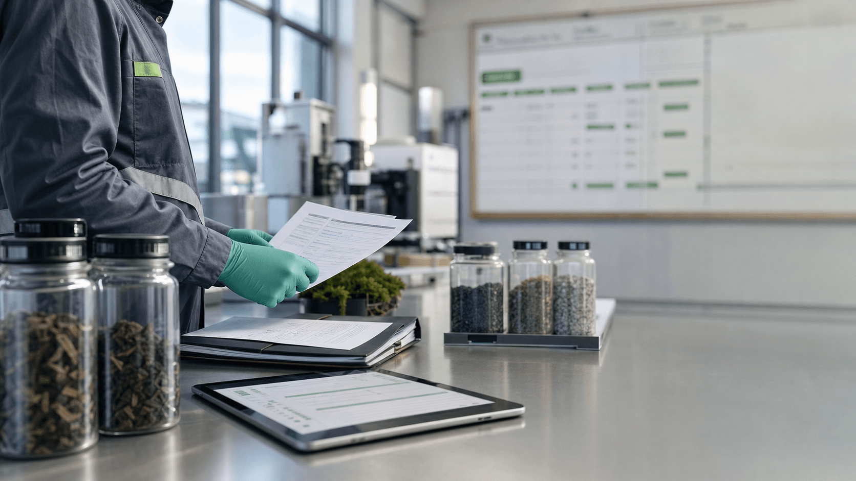 A controlled EterSolis materials assessment workspace with sealed samples, documentation and scheduling tools.