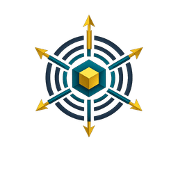 KYMNIS standalone mark with radiating arrows, circular intelligence rings and central cube.