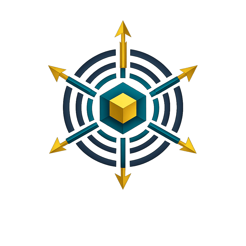 Standalone KYMNIS mark with radiating arrows, circular intelligence rings and central cube.