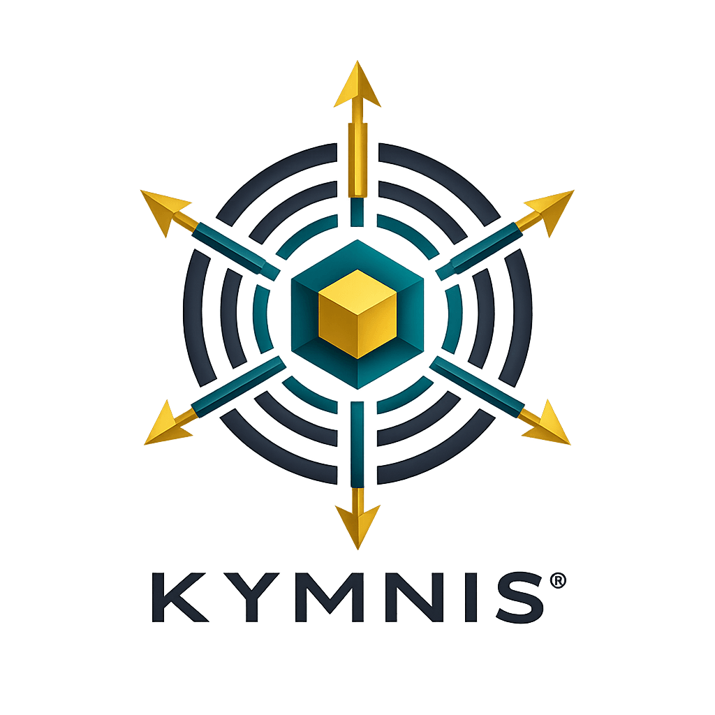 KYMNIS brand mark with radiating arrows, circular intelligence rings and central cube.