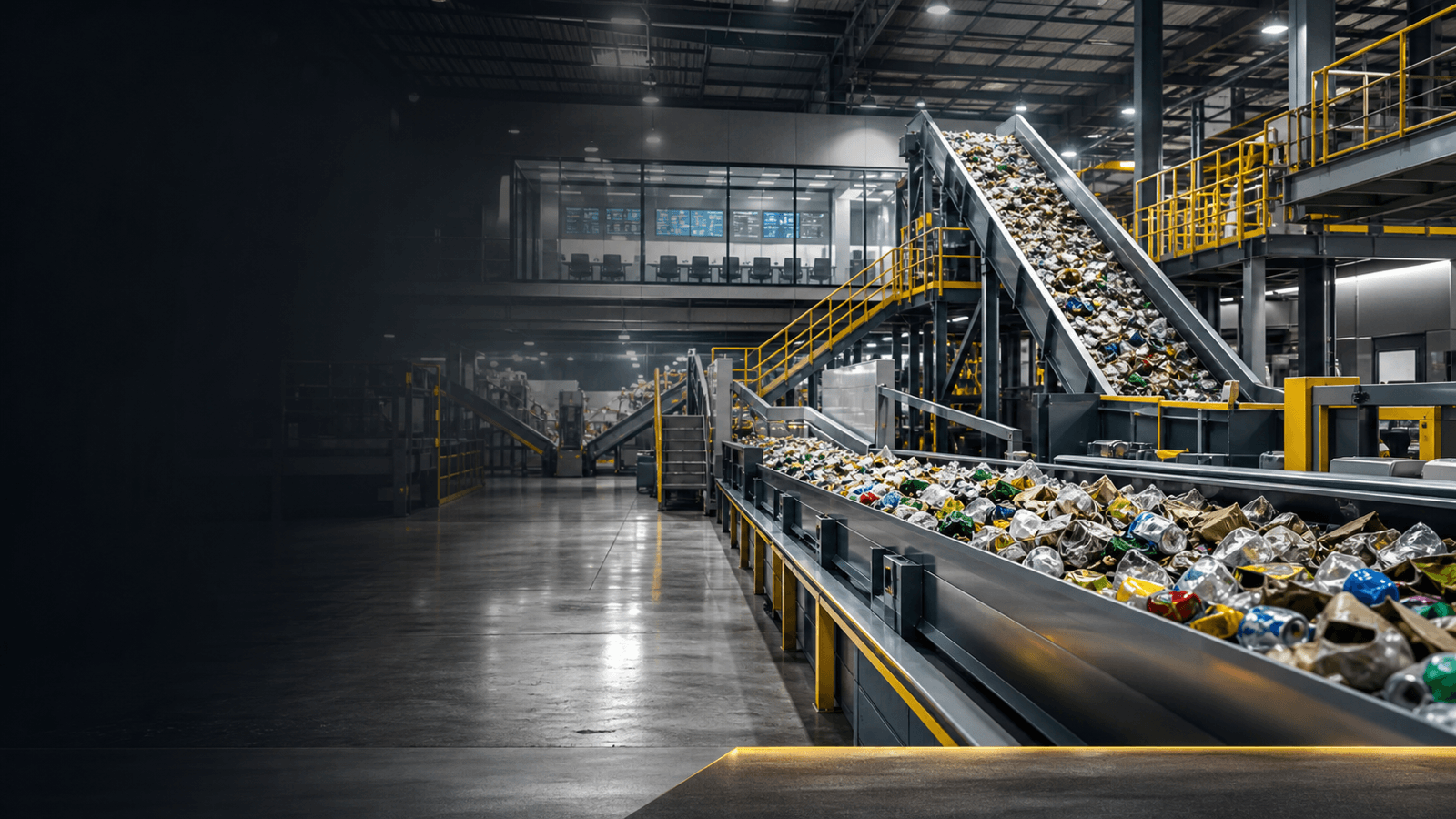 A clean modern materials recovery facility with conveyors carrying sorted recyclable material.