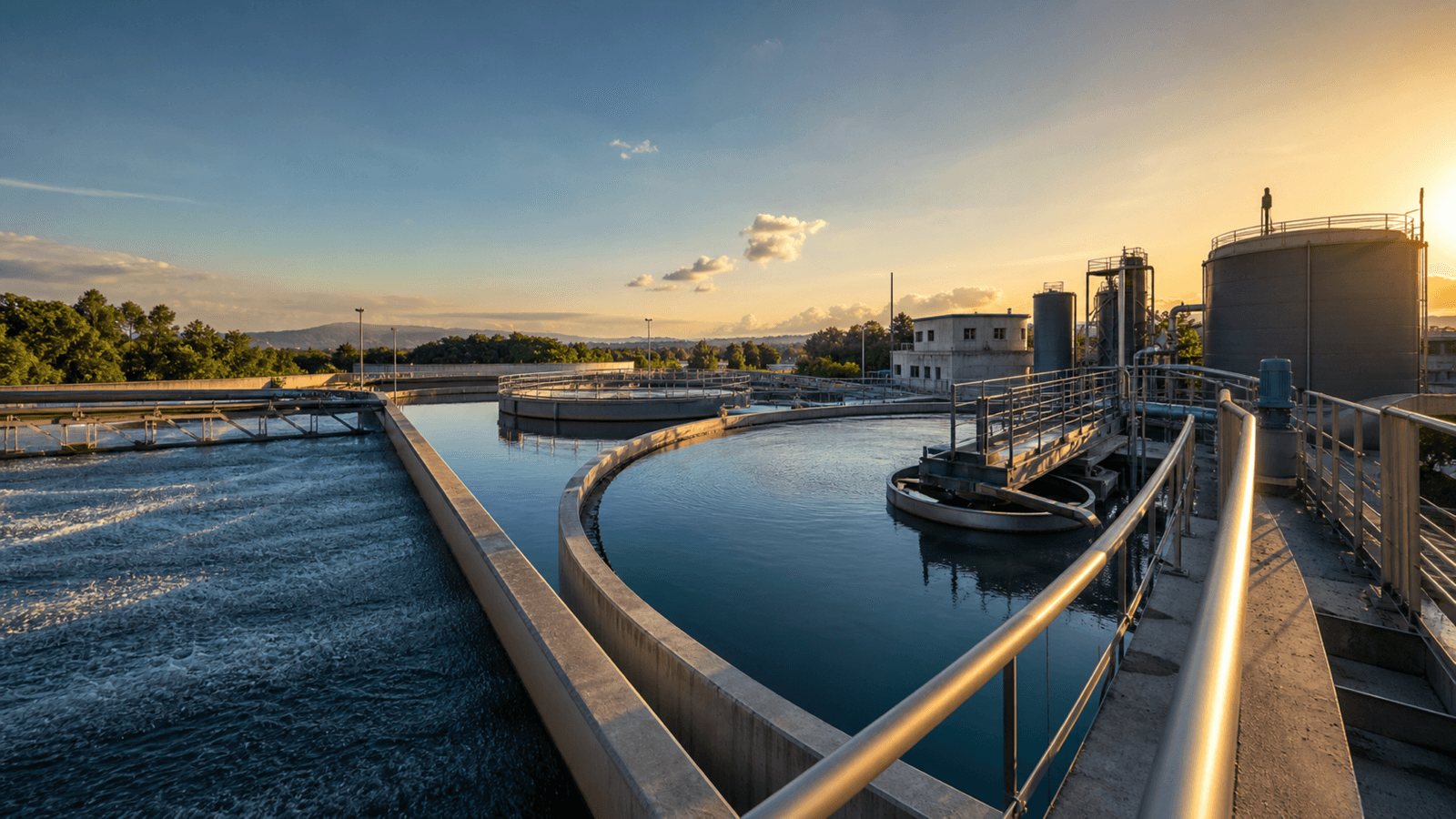 A clean modern wastewater treatment facility with clarifiers, aeration basins and professional water recovery infrastructure.