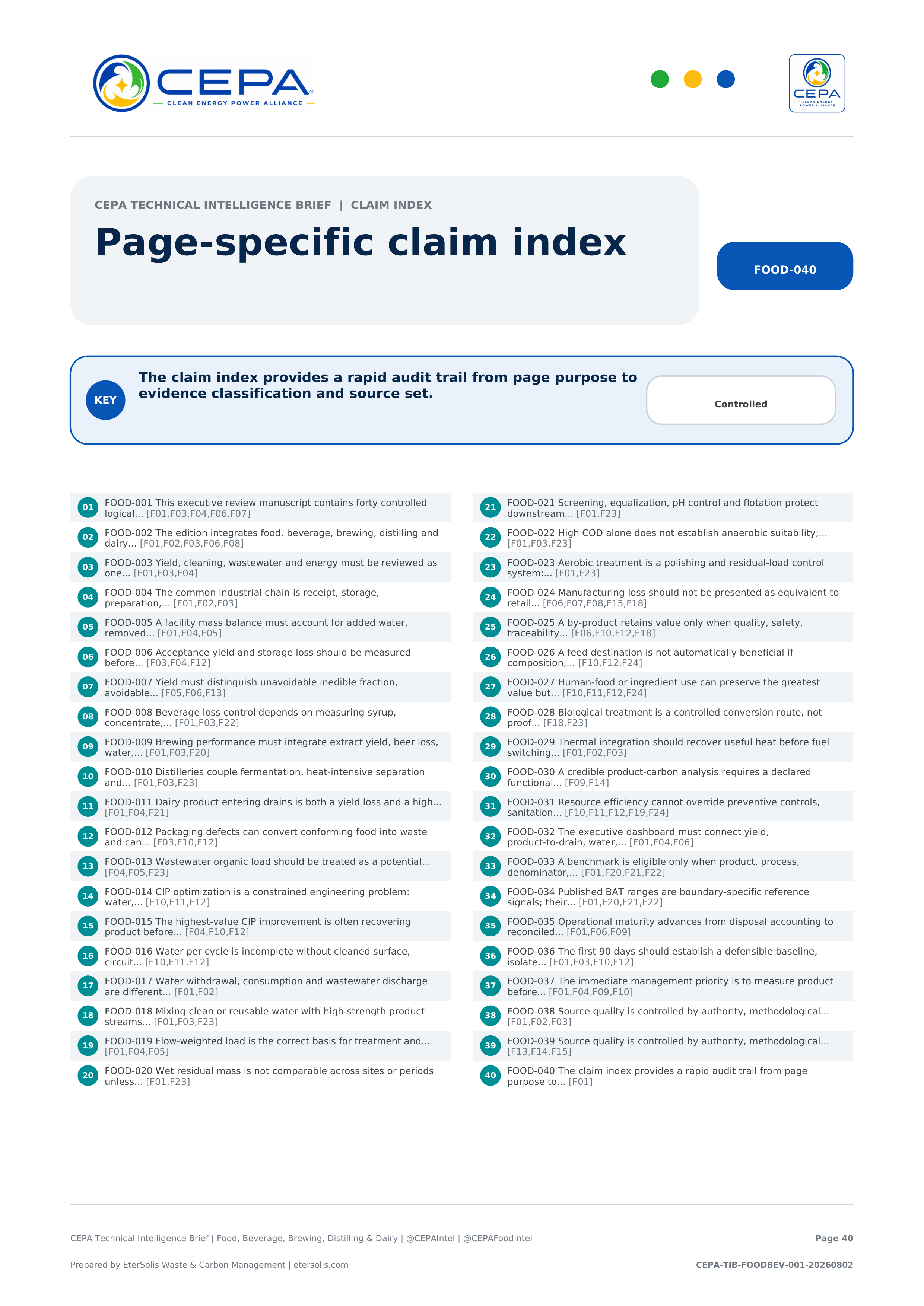 CEPA Technical Intelligence Brief - Food, Beverage, Brewing, Distilling & Dairy Edition - Issue 001 - Page-specific claim index